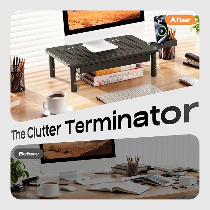 Computer Monitor Stand Riser with Storage, 3 Height Adjustable Laptop Desktop Monitor Stand with Drawer, Metal Short Printer Table, Stand Riser for Desk, Office Desk Organizers and Accessories, 2 Pack - Image 6