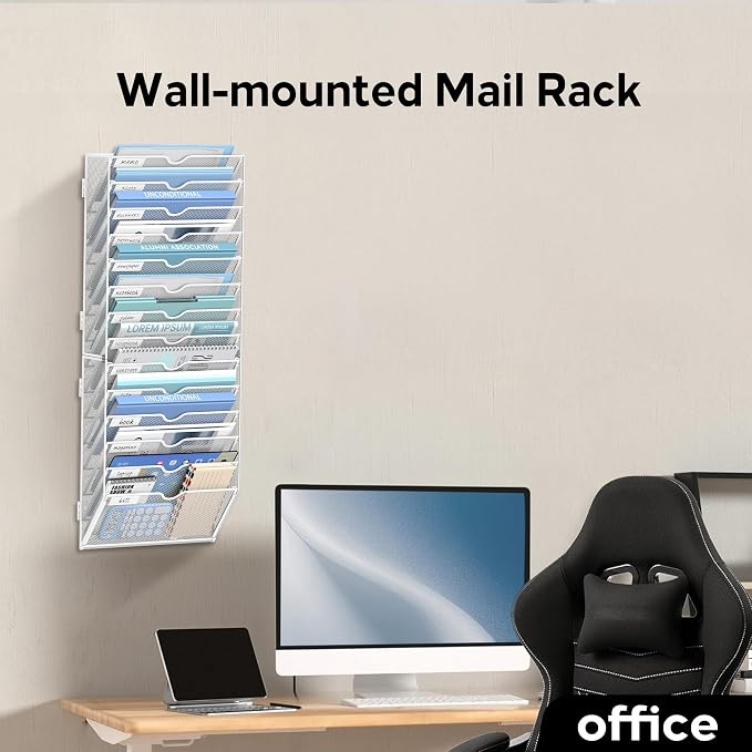 14-Tier Wall File Organizer and Hanging File Organizer, White | Wall Organizer and Wall Mounted File Holder with 14 Pockets and Label Panels for Files, Mail, Folders, Magazines and Paper - Image 6
