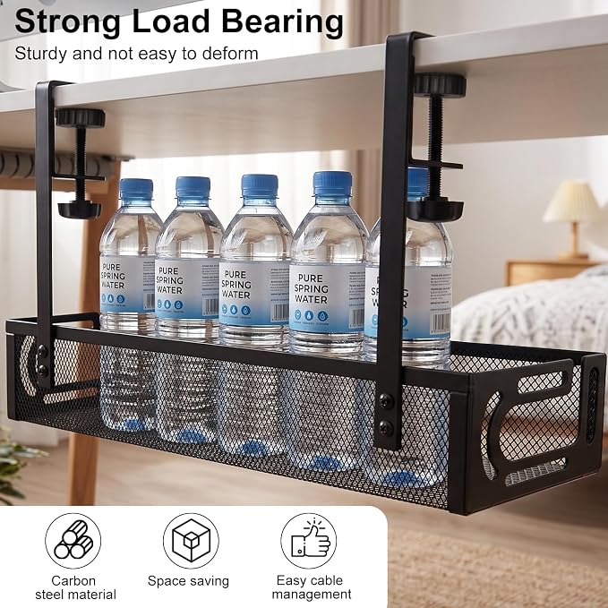 AiQInu Cable Management Desk Under The, Clampable Cable Organiser Tray, Under-Sink Mounting Organiser Made of Carbon Steel, No Drilling, Cable Management for Office, Home - Image 7