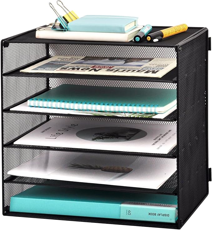 5 Slot Mesh Desk Organizer Tray, File Paper Letter Folder Holder Desktop Paper Sorter Mail Organization Rack Storage Accessories, for Office Home School Classroom, Black by EASEPRES