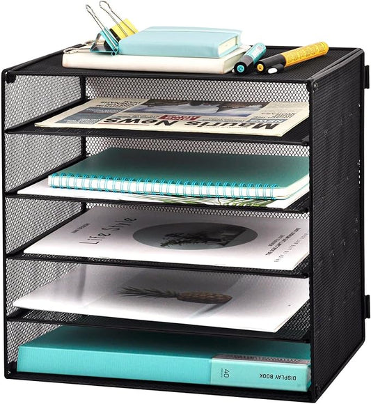 5 Slot Mesh Desk Organizer Tray, File Paper Letter Folder Holder Desktop Paper Sorter Mail Organization Rack Storage Accessories, for Office Home School Classroom, Black by EASEPRES