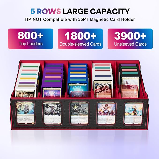 UAONO 5-Row Trading Card Storage Box with Commander Display, Black Red | 3900+ Card Box with Removable Cover, Card Case Fits MTG TCG Sports Cards, 48 Dividers, 5 Stoppers, 5 Top Loaders, Dice Box - Image 2