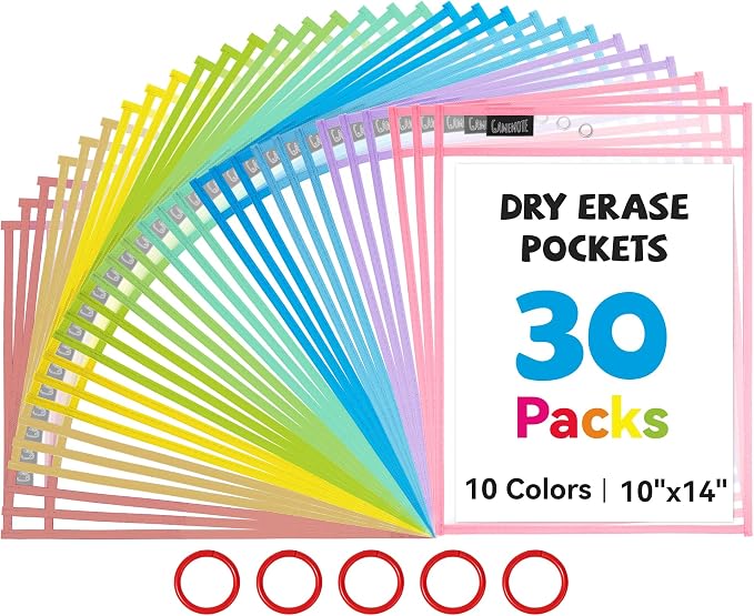 GAMENOTE 30 Pack Pastel Dry Erase Pockets, 10x14 Reusable Sleeves | 30 reusable PVC pockets hold 8.5 x 11 and 9 x 12 sheets; double sided wipe clean surfaces, pen loops, eyelets, and 5 rings by Gamenote