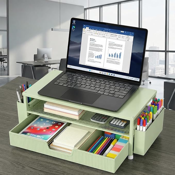 ECOLOVI Desk Organizer and Accessories, 2-Tier Computer Monitor Stand Rise with Storage Drawer & 2 Pen Holders, Laptop & Printer Stand for Desktop, Workspace Organizers for Office Supplies (Green) - Image 5