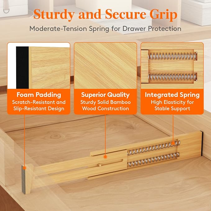 Lifewit 2.4" High 8 Pack Bamboo Drawer Dividers 33-42cm/13-16.5" Adjustable Wooden Drawer Organizer for Clothes/Utensils, Expandable Drawer Separator for Dresser/Kitchen/Bedroom/Office Organization - Image 2
