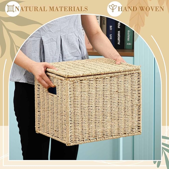 Jingmore 1 Pack Paper Rope File Box Organizers Collapsible Letter Size Filing Cabinet with Lid Woven Hanging File Basket Portable Decorative Document Storage Box for Office/Decor/Home (Letter Size) - Image 6