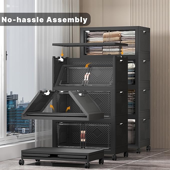 Stackable Storage Bins, 480QT Collapsible Drawers with 1 Lid | Large Capacity, Magnetic Door, Stack Lock, Rolling Wheels, Foldable Design, Organizers and Storage for Bedroom Dorm Garage - Image 4