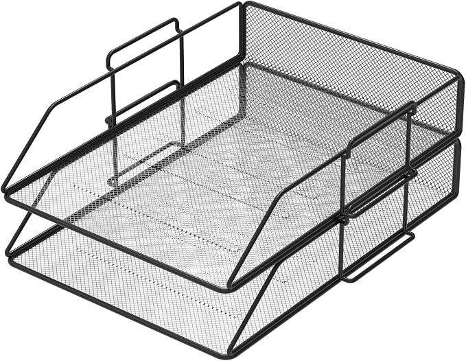 Pack of 2 Mesh Document Trays A4 Size Black. Stackable Trays, Desk Organizer, Desk Drawers, Office Files, Desk Accessories, Magazine Holder, Document Sorter by PORTENTUM