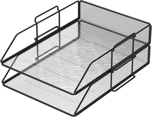 Pack of 2 Mesh Document Trays A4 Size Black. Stackable Trays, Desk Organizer, Desk Drawers, Office Files, Desk Accessories, Magazine Holder, Document Sorter by PORTENTUM