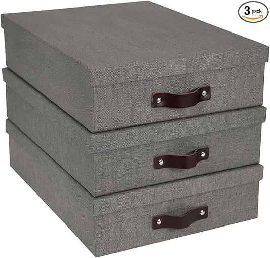 Bigso Box of Sweden Oskar Canvas Fiberboard Document Letter Box - File Organizer Box for Important Paperwork - Document Storage with a Lid & Handle - 3.3 in x 10.2 in x 13.8 in - 3 Pack - Grey by Bigso