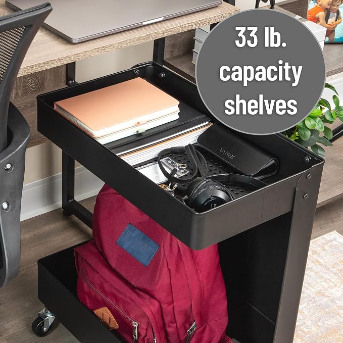 Mind Reader Under Desk Rolling Cart, 2-Tier Steel Utility Organizer, No Assembly Required, 12" L x 20" W x 23.5" H, Black - Image 6