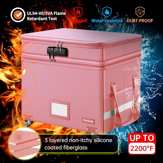 DocSafe File Box with Lock,2-Layer Fireproof Document Box with Wheels,Collapsible Rolling File Storage Organizer with Pockets,Large Portable Home Office Filing Cabinet Safe for Hanging Folders,Pink - Image 4