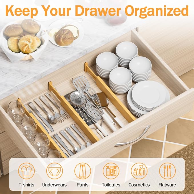 Bamboo Drawer Dividers Organizers, 2.56" High, 17"-21.8" Adjustable, 4 Pack | Expandable Separators, Great for Utensils, Kitchen, Bedroom, Dresser and Office Storage - Image 2