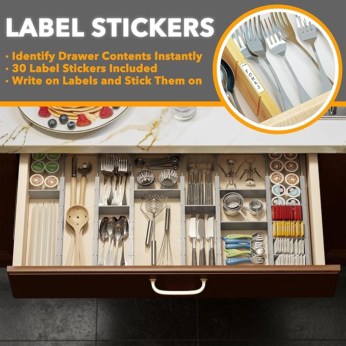 SpaceAid Bamboo Drawer Dividers with Inserts and Labels, Kitchen Adjustable Drawer Organizers, Expandable Organization for Home, Office, Dressers, 7 Dividers with 15 Inserts (17"-22" Gray) - Image 3