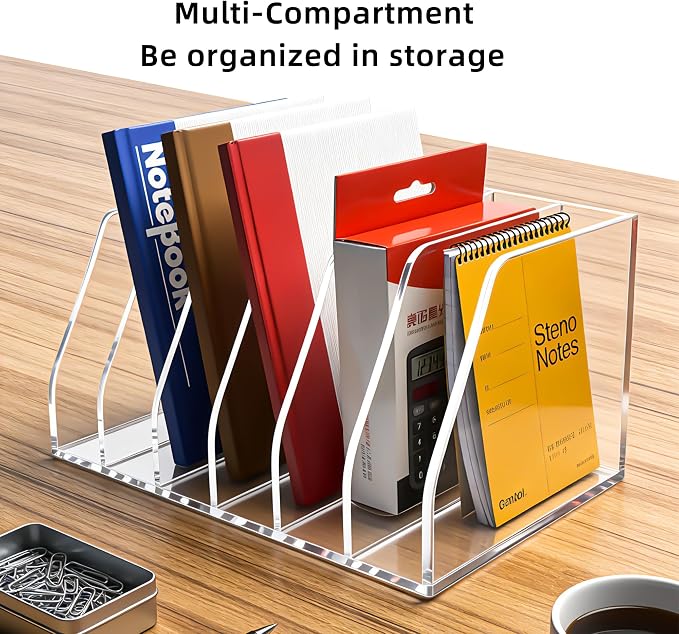 Clear Acrylic Magazine File Holder, 6 Compartment Desk Organizer | 6 spacious vertical compartments hold magazines, files, books & more. 5mm thick clear acrylic, non-slip base. No assembly. - Image 6