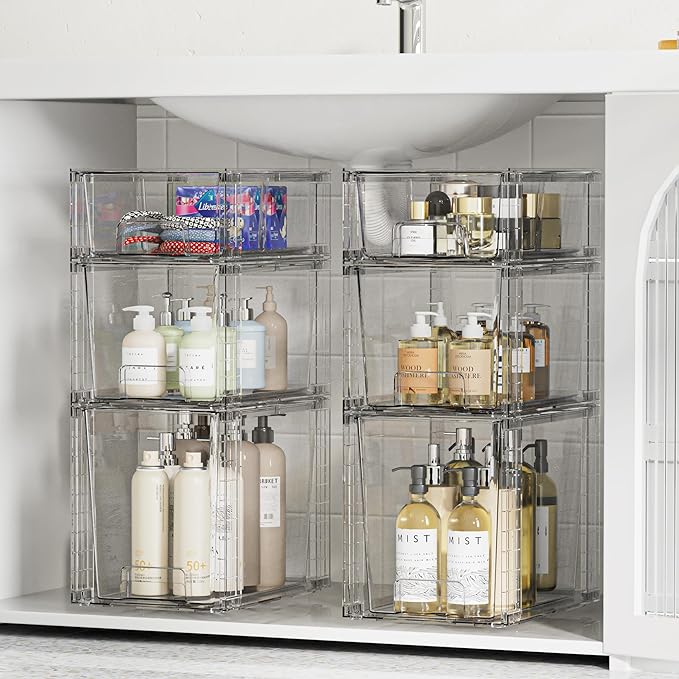 Vtopmart 3 Pack Clear Stackable Storage Drawers,Easy to Assemble Bathroom Organizers and Storage with handles,Plastic Drawers for Kitchen Pantry,Cabinet,Under Sink Organization | Tall, Medium and Small Pull-Out PET Drawers with Stackable Design for Bat... - Image 2