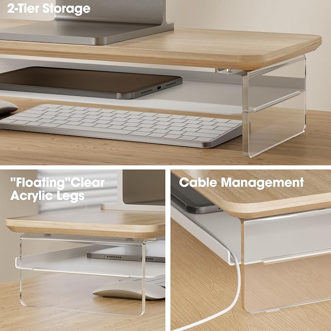 Fenge 23.6" Monitor Stand with Clear Acrylic Legs, Oak | Clear Acrylic, Storage Compartment, 2-tier Home Office Monitor Riser, Wide Large Desktop Shelf Fit Monitor/Laptop/Printer - Image 3