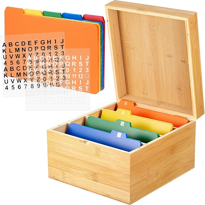 5 x 8 Inch Index Card Holder Set, Bamboo Organizer Box with 50 Dividers & 2 Sheets Alphabet Number Stickers File Note Holders, Holds 1200 Cards for Office Business Home Kitchen, Wooden Color by Henoyso
