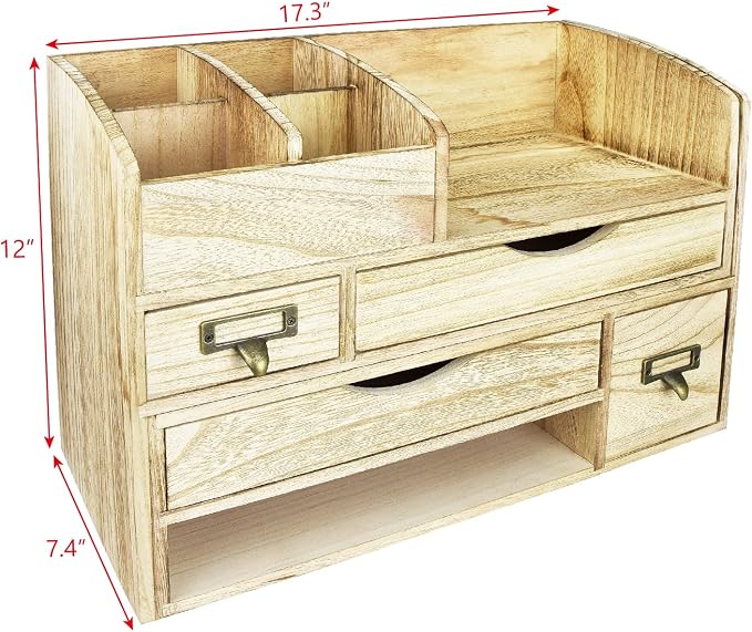 Ikee Design Large Extendable Wooden Desktop Organizer For Office Supplies | EXTENDABLE DESK ORGANIZER: Wooden shelf with compartments for books and office supplies; 17.25"W x 7.5"D x 12"H. - Image 2