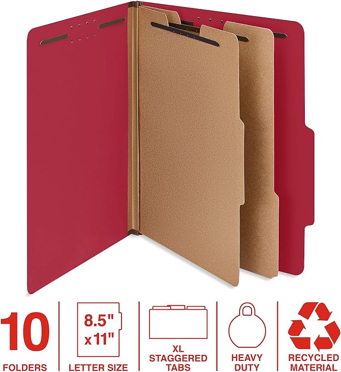Staples 100% Recycled Heavy‑Duty Classification Folder, Letter Size, 2 Dividers, 2″ Expansion, Bright Red Pressboard, 10/Box - Image 2