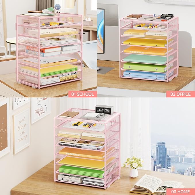 Paper Organizer with Handle Metal Mesh File Sorter Large Capacity Desk Organizers Paper Letter Tray Desktop Document Sorter for Office or Home2 Pack 8 Tier Pink Storage for Desk - Image 6