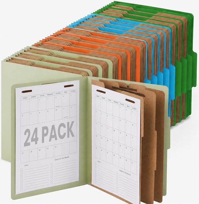 24pcs Multi-Color Classification Folders with 3 Dividers – 6 Each Color, Expandable 3.5" Gusset, Letter Size 8.5x11, Secure 2-Prong Fasteners, Office, School, Library, Home Organization by Unknown
