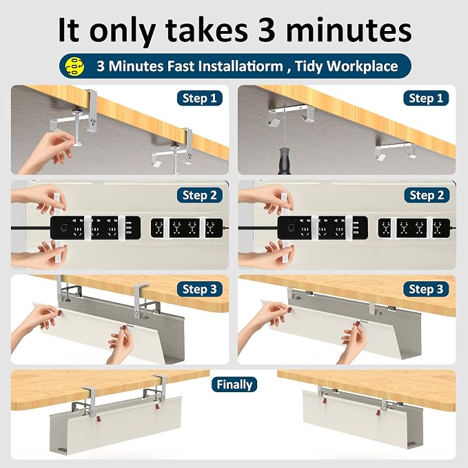 28" Small Under Desk Cable Management Tray No Drill, Compact Clamp On Cord Organizer for Dorm & Small Desk, Anti-Sag Oxford Fabric Wire Hider, Power Strip Holder (Beige, 28.6") - Image 4