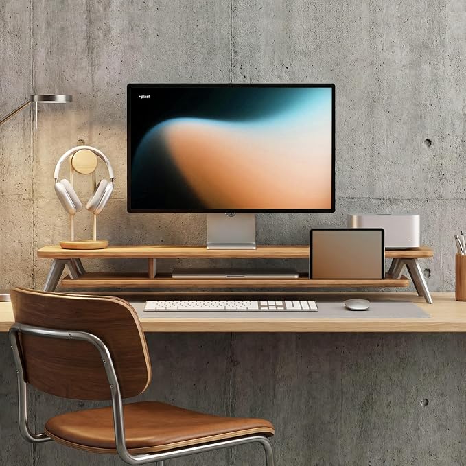 Fenge Dual Monitor Stand Riser, Wooden Desk Shelf with 2-Tier Storage | 42.5-Inch Wide, Sturdy Aluminum Legs, Built-In Phone & Tablet Slot, Desktop Organizer for Office Accessories - Image 6