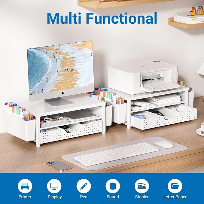 Desk Organizers and Accessories, Computer Monitor Stand Riser with Drawer and 2 Pen Holders, Printer & Laptop Stand, Office Desk Accessories & Workspace Organizers for Home Office Supplies, White - Image 4