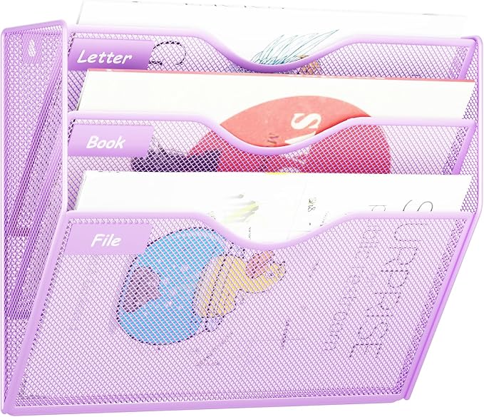 3 Pockets Hanging Wall File Organizer Mail Holder, Wall Mounted Paper Document Folder Holder, Clipboard Storage Organization Magazine Rack, Light Purple by GDINDINFAN