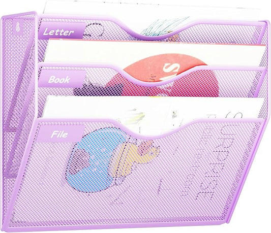 3 Pockets Hanging Wall File Organizer Mail Holder, Wall Mounted Paper Document Folder Holder, Clipboard Storage Organization Magazine Rack, Light Purple by GDINDINFAN