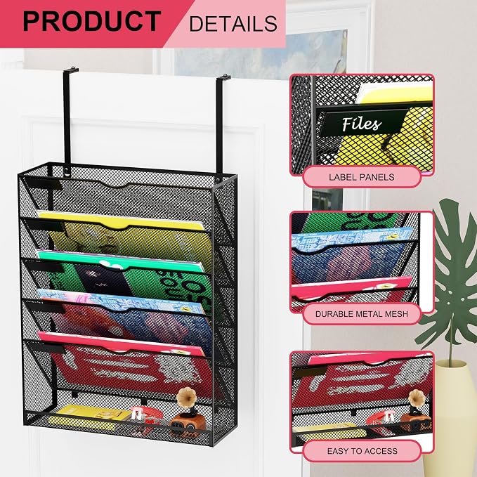 6-Tier Hanging File Organizer Office Cubicle Accessories for Work Organizer Wall Mount File Holder for Mails Folders Papers Magazine Organization, Black - Image 4