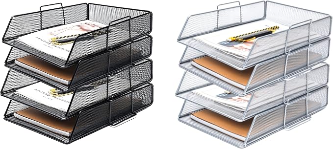 EXERZ Paper Sorter 4pcs Tier Stackable A4 Desk Organiser Letter Tray Black | Durable Metal Mesh Holds Papers Files Folders Notebooks And Magazines For Office Home Study Classroom Desks - Image 9
