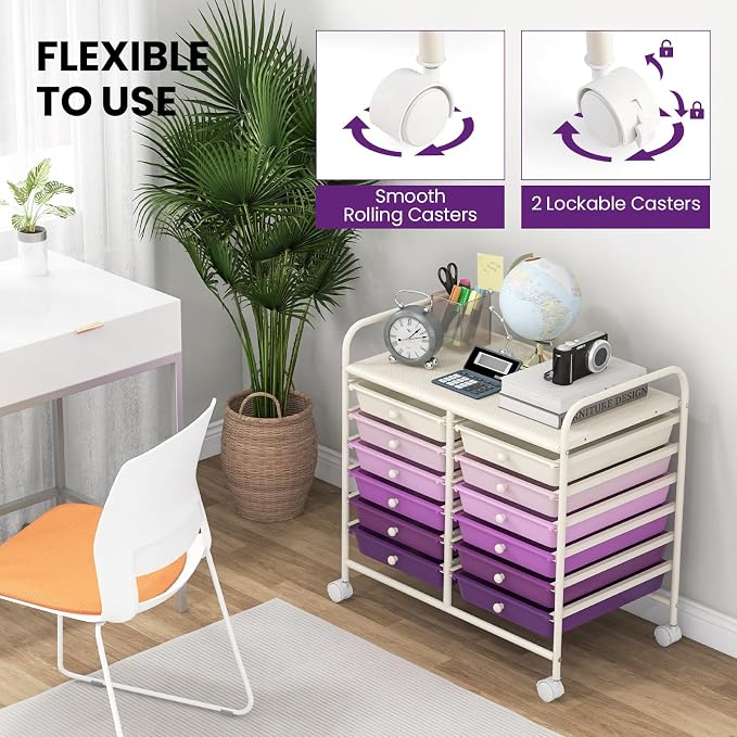 Giantex 12 Drawers Rolling Cart, Mobile Storage Drawer Cart, Classroom Organizer Cart for Office School Supplies Tools Scrapbook Paper Craft Small Printer, Utility Cart on Wheels, Purple Gradient - Image 8