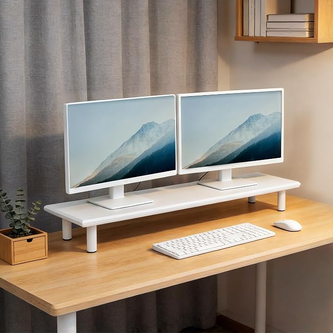 Bamboo Dual Monitor Stand Riser, White Desk Shelf with Storage | 39.37-Inch Wide, 3.5-Inch Clearance, Fits Keyboards, Soundbars and Two 24-Inch Monitors for Home Office - Image 6