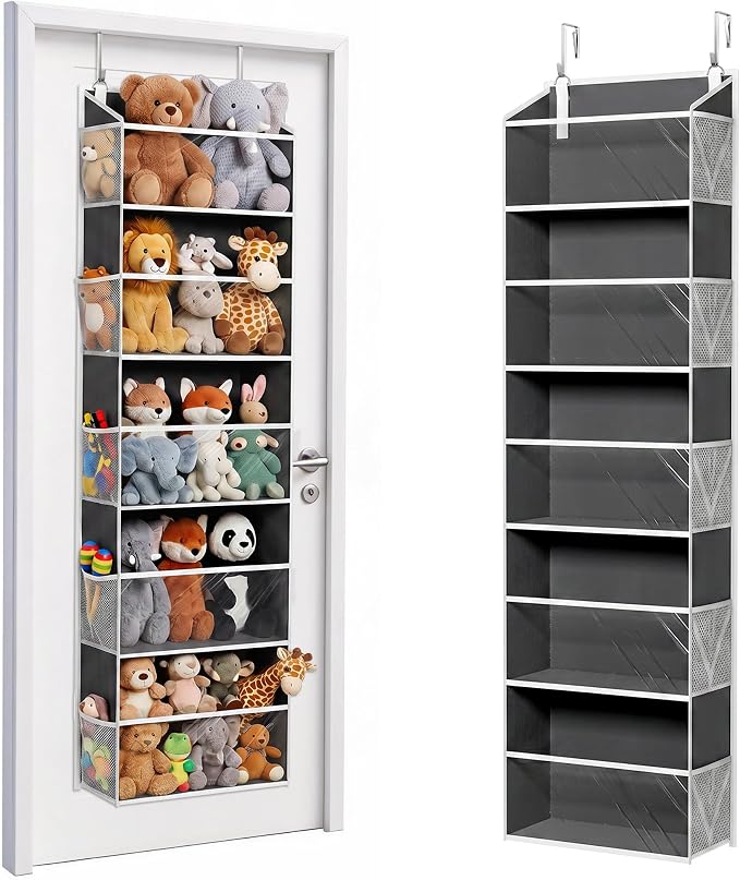 ULG Stuffed Animal Organizer Over the Door, Large Hanging Plush Toy Storage with Mesh Window, Cotton Kids Toy Organizer for Bedroom, Nursery, Playroom & Baby Items Dark Grey by ULG