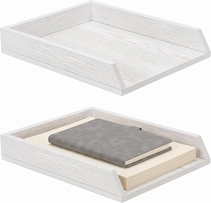 DoubleFill 2 Pcs Wooden Letter Trays 2 Tier Desktop Paper Organizer Wood Letter-Size Desk Document Tray Heavy Duty Stackable Paper Drawer Holder File Folder Back to School Office Home (White) by DoubleFill
