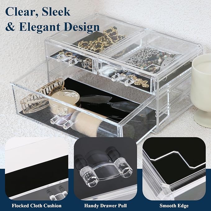Sea Team Stackable Clear Acrylic Makeup Organizer with Drawers for Vanity | Cosmetic Display Case, Jewelry Storage Box with 1 Large and 2 Small Drawers, Ideal for Dresser, Bathroom, Countertop - Image 3