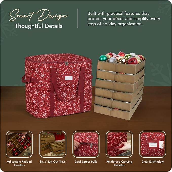 Covermates Keepsakes Adjustable Ornament Storage Bag – Heavy-Duty Polyester, Padded Dividers & FlexGrid Trays – Protective Holiday Ornament Organizer with Handles & Label Window, Red Snowflake - Image 4