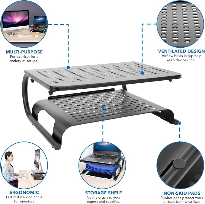 Mount-It! 2 Tier Desk Organizer Riser | Computer Monitor Stand with Keyboard Storage Shelf for Desktops, Laptops, Printers, Home Office Space Saver (2 Shelves) - Image 2