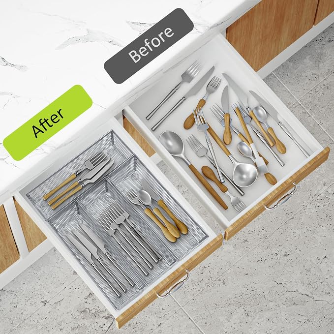 Neudeco Drawer Organizer Set, Silver, 5 Pack | 4-Compartment Silverware Tray, 4 Utensil Trays, Silver Mesh, Non-Slip, For Flatware, Cutlery, Office Supplies - Image 7