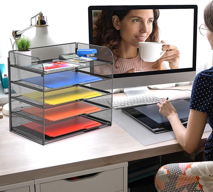 Legal/A4 5 Tier Paper Organizer,Paper Tray Holder for Desk,Letter Size File Holder/Sorter,File Folders Shelf Organizer for Office,School,Home,Solid Steel,Mesh,Sturdy,Leakproof,Large Capacity - Image 3