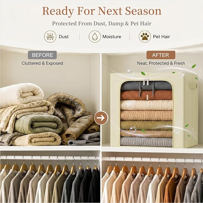 GoMaihe Blanket Storage Bins with Metal Frame for Closet, 55L 4-Pack Beige | Clothing Comforters Bedding Winter Coat, Closet Top Shelf, Collapse-Proof Stackable, Clear Window, Dual Access Space Saving - Image 6