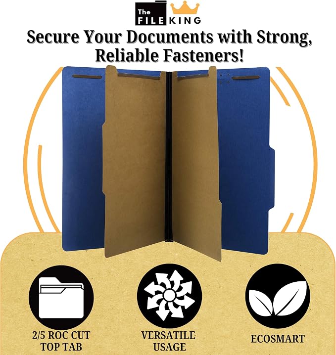 The File King Pressboard Classification Blue Partition File Folder | Legal Size - Box of 10 | Two Dividers | Six 2” Durable Fastener Prongs | 2/5 Cut Top Tab | 2” Expansion - Image 3