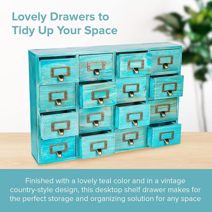 Teal 16-Slot Wooden Drawer Unit - Country Style Desk Organizer Box - 20"x3.6”x14” Wooden Storage Box w/ 16 Drawers - Countertop Drawers w/Label Holder & Handle - Slim 4-Level Desk Organizer - Image 3