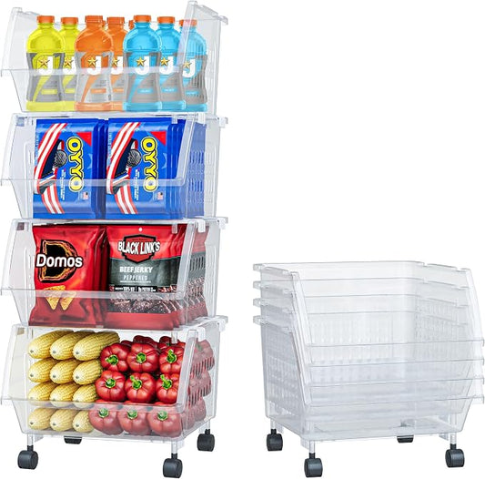 Large Stackable Storage Bins Open Front with Wheels, 4 Pack - Clear | Easy Assembly, Sturdy Plastic, Open Front Access, Smooth Rolling Wheels, Stackable, Large Capacity Storage by Skywin