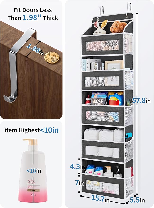 JARLINK Over the Door Organizer for Bedroom, Pantry Bathroom, 5 Shelf Black | Anti-Tilt Design, 44 lb Load Capacity, Hanging Door Organizer with 5 Large Capacity Pockets, Behind Door Storage for Nursery - Image 3