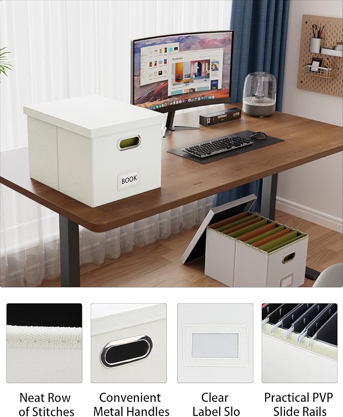 2 Pack File Storage Organizer Box,Filing Box,Portable File Box with Lid,Fit for Letter/Legal File Folder Storage, White(Leather)-Box only - Image 5