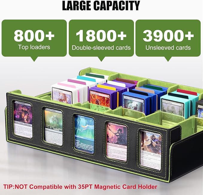 Kabinka Card Storage Box with Commander Display, 5-Row Deck Case with Removable Lid; 3900+ Card Deck Box for MTG Sports Cards, 5 Top Loaders, 5 Stoppers, 48 Dividers,1 Dice Tray (Black & Lemon Green) - Image 3