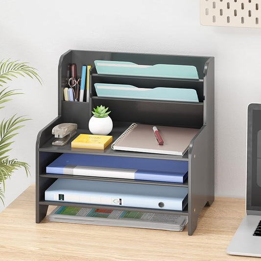 Bamboo File Organizer for Desk, Desktop Paper Tray and Mail Holder | Three open tiers keep A4/letter paper, folders, bills and mail sorted, visible and easy to reach while saving desk space by Unknown